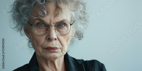 Senior Woman\'s Displeased Portrait on simple background with copy space. Close-up of a senior woman with gray hair looking angry and skeptical.