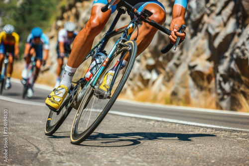 Close-up of cyclist taking lead on a road, mountain climb