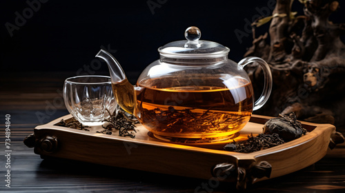 A glass teapot with a tea