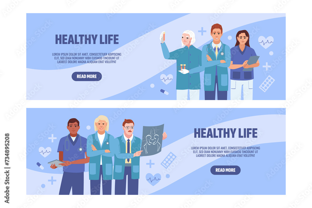 Health worker hand-drawn cartoon banner set Health worker hand-drawn cartoon banner set