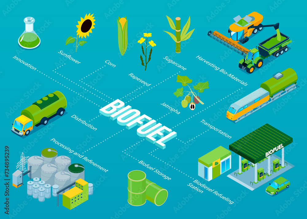 Isometric biofuel energy flowchart template with icons and concepts