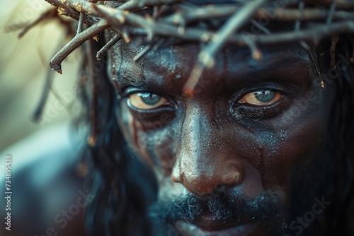 Delve into the depths of compassion with a detailed close-up portrait of a Black Jesus Christ, featuring a photorealistic essence, a thorn crown pressing upon His brow, and a gaze filled