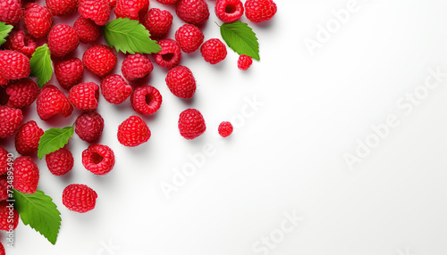 Raspberries frame background. White background. Copy space.
