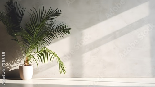 Modern summer minimal of tropical plam leaf tree branch in sunlight with long shadows on concrete plain wall background  copy space interior lifestyle Mediterranean backdrop scene ai generate