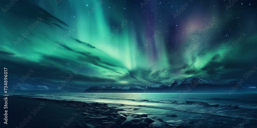 AI generated illustration of northern lights in the sky above the tranquil sea