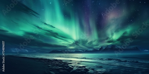 AI generated illustration of northern lights in the sky above the tranquil sea