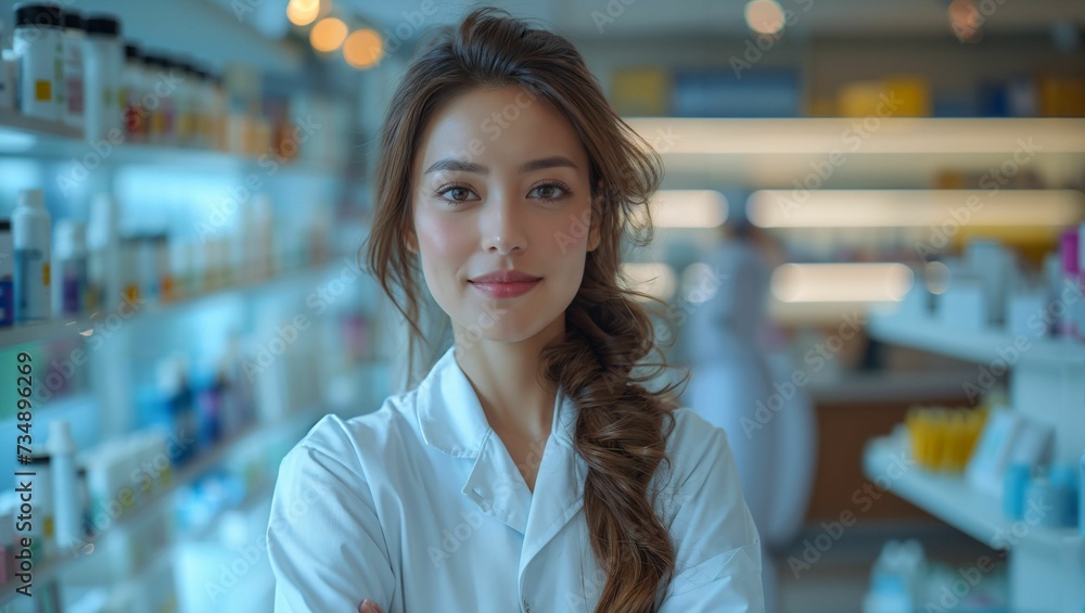 Portrait of a female pharmacist standing in modern pharmacy Portrait of a female pharmacist standing in modern pharmacy