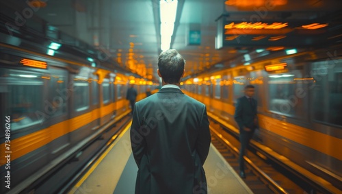 A man standing at busy subway
