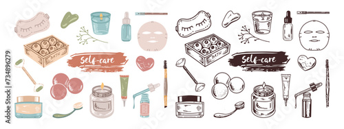 A set of hand-drawn colored and outline doodle sketches of cosmetics, beauty, self-care elements. Illustration for beauty salon, cosmetic store, makeup design. Flat design.