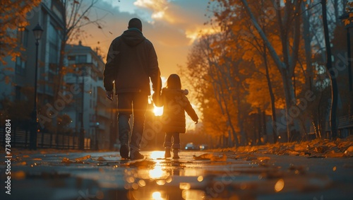 Back view of a man walks hand in hand with his daughter home in the evening photo
