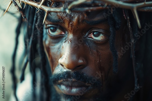 Delve into the depths of compassion with a detailed close-up portrait of a Black Jesus Christ, featuring a photorealistic essence, a thorn crown pressing upon His brow, and a gaze filled