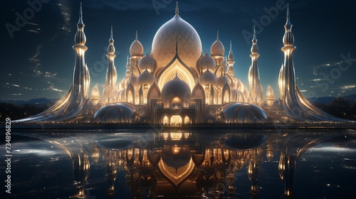 A futuristic Mosque, with towering minarets and a large, domed roof, AI-generated photo