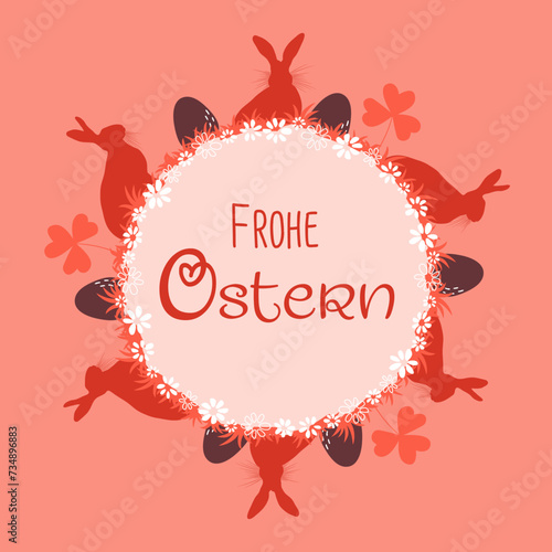 Osterdekoration mit Osterhasen, Ostereiern und deutschem Text - frohe Ostern mit rotem Hintergrund als Grußkarte zu Ostern