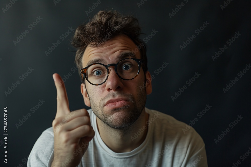 a man wearing glasses pointing up