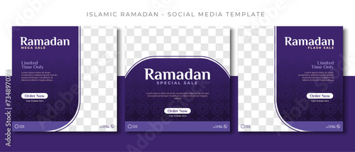 ramadan islamic sale, purple social media post template design, event promotion vector banner