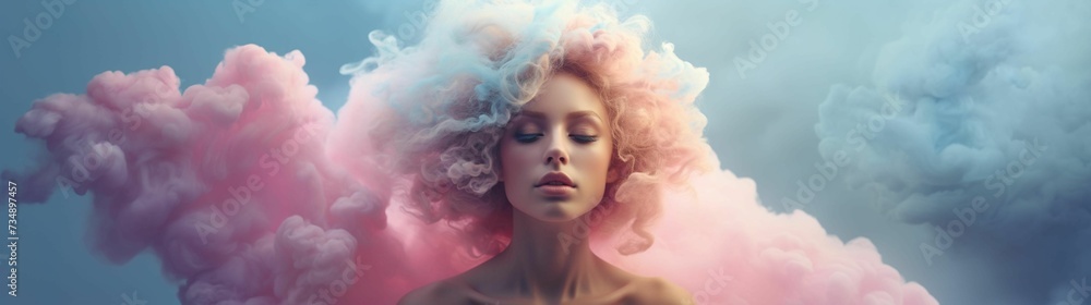 AI generated illustration of a beautiful woman with curly blonde hair in pink smoke