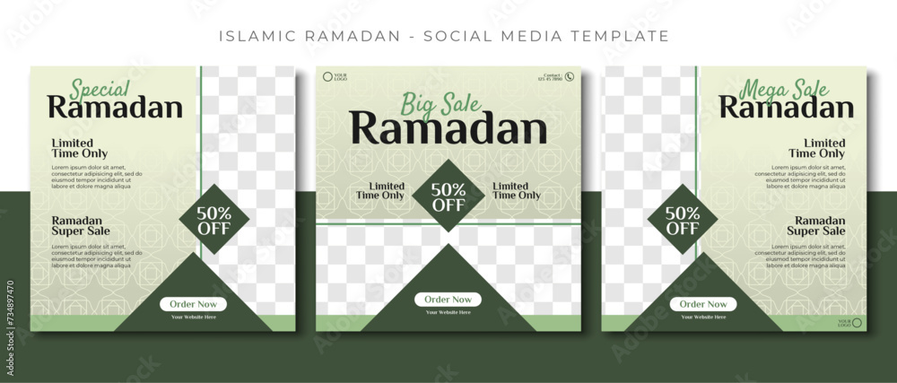ramadan islamic sale, green social media post template design, event promotion vector banner - obrazy, fototapety, plakaty 