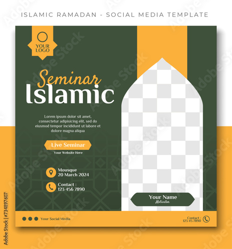 webinar seminar islamic sale, green gold social media post template design, event promotion vector banner