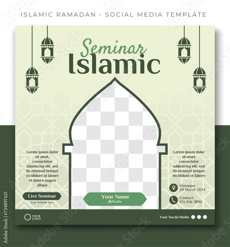 webinar seminar islamic sale, green social media post template design, event promotion vector banner