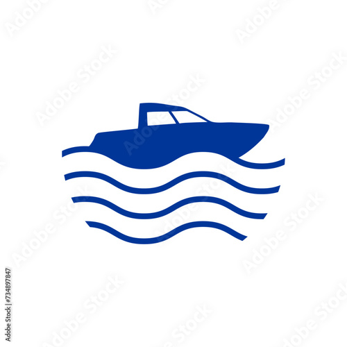 Logo Nautical. Silueta de lancha rápida con olas de mar