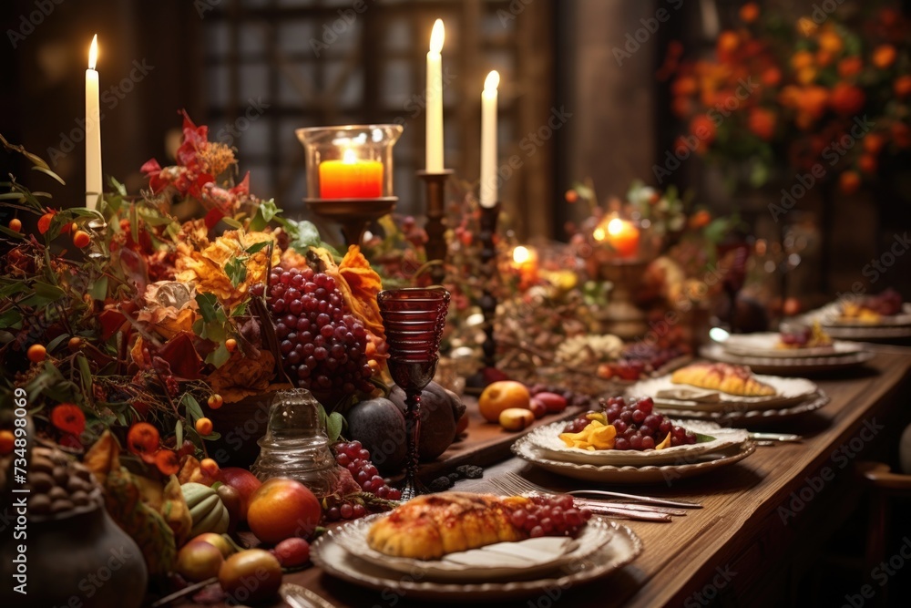 Autumn harvest feast table setting. Warm candlelight ambiance.