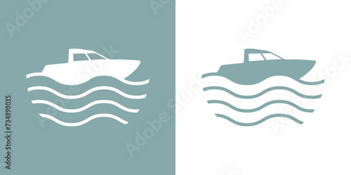 Logo Nautical. Silueta de lancha rápida con olas de mar