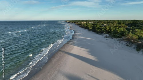 Beautiful wild beaches in Hel Wild beach in baltic sea. Aerial drone view of Hel Peninsula in Poland, Baltic Sea and Puck Bay .  