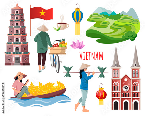 A set of vector illustrations of people, sights and architecture of Vietnam. Asian travel and tourist attractions isolated on a white background