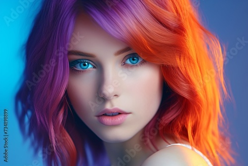 a woman with red and blue hair