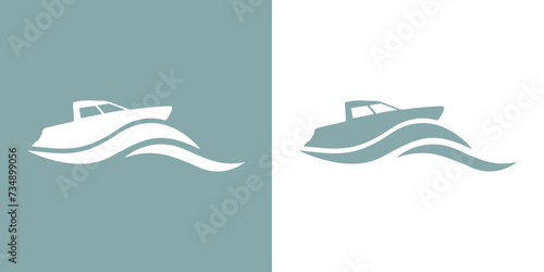 Logo Nautical. Silueta de lancha rápida con olas de mar photo