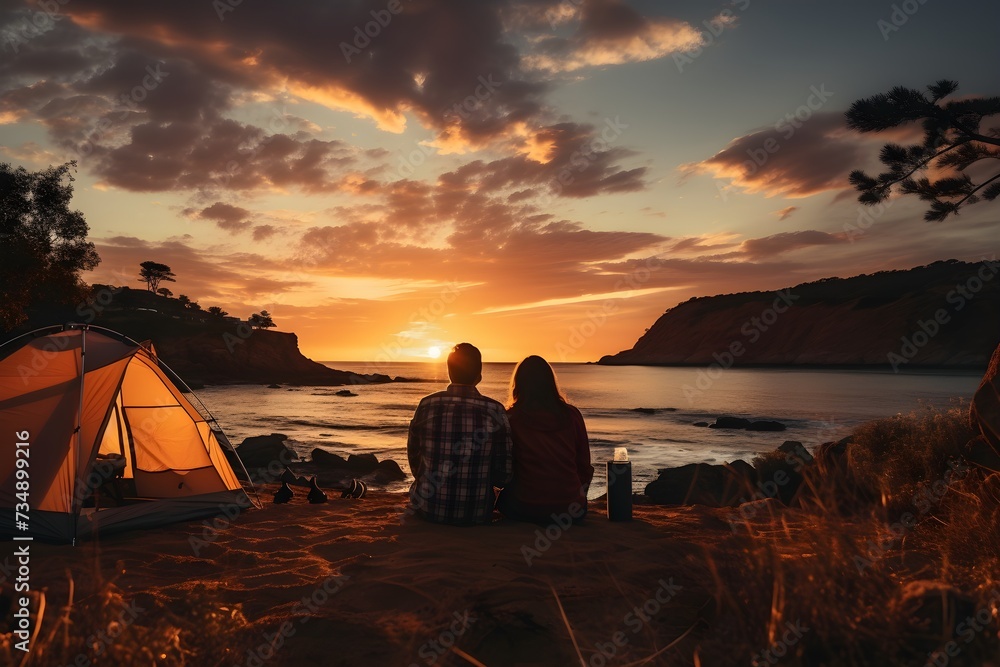 Couple camping on the beach while on summer vacation