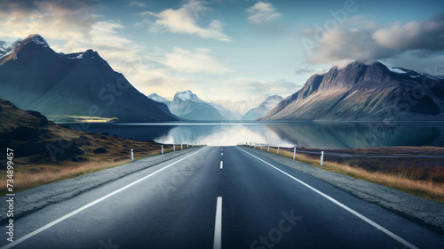 A long straight road with mountains in the background.