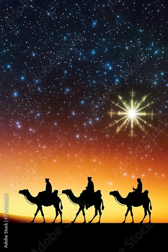 An AI illustration of three people riding camels across the night sky with a star above them