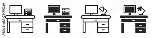 Set of workspace desk icons. Table, home office, office, workplace. Workplace concept, office work, modern technology, table lamp, folders, business. Vector illustration.