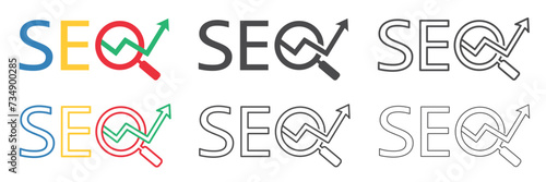 Search engine optimization, SEO logo. Search engine optimization concept with magnifying glass and growth chart, arrow. Web analytics, strategy and research planning. Vector.