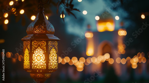 Magical Ramadan Atmosphere with Illuminated Lantern on Textured Wood