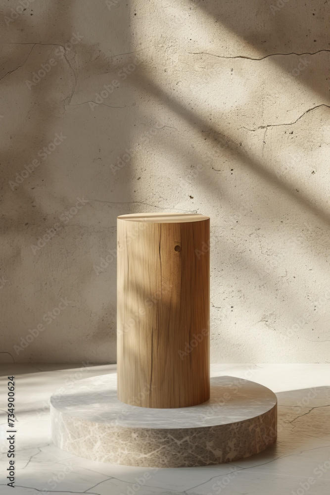 Wooden Cylinder on Marble Base in Sunlit Room Wooden Cylinder on Marble Base in Sunlit Room