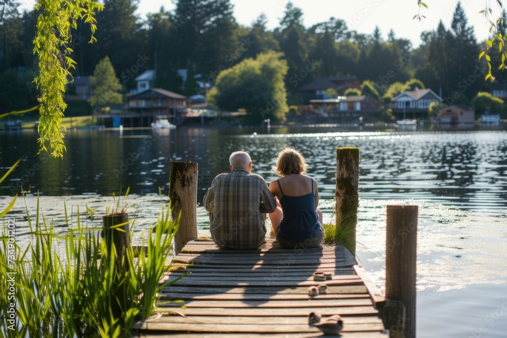 Senior couple sitting on a wooden jetty by the lake at sunset. Senior couple sitting on a wooden jetty by the lake at sunset.