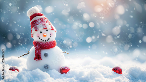 Happy snowman on snow background © Cedar