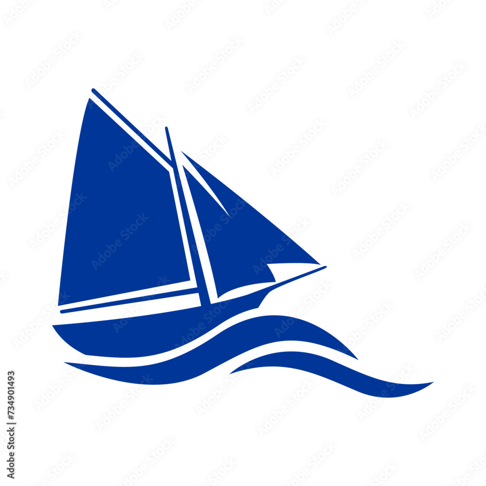 Logo Nautical. Silueta de barco de vela con olas de mar