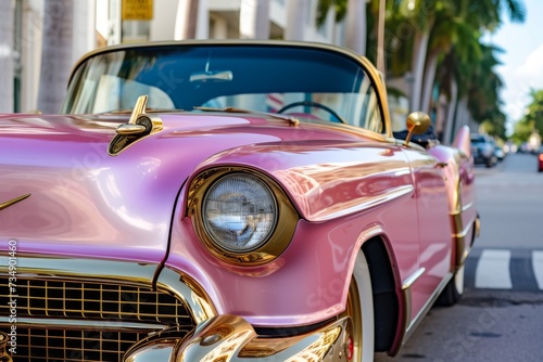 luxury pink and gold retro vintage car on the streets of miami. Generative AI