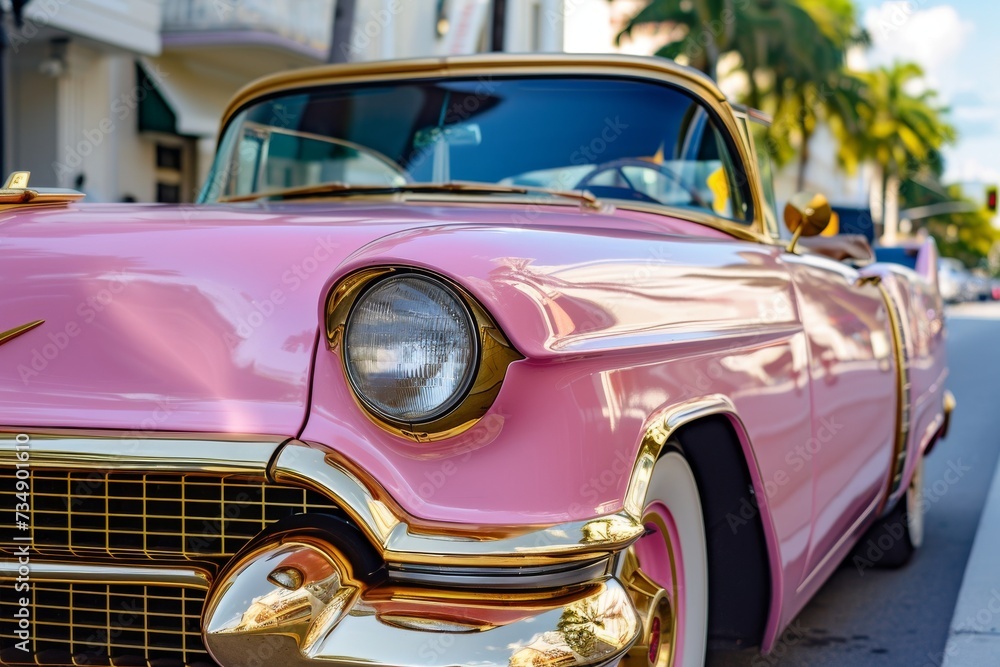 luxury pink and gold retro vintage car on the streets of miami. Generative AI