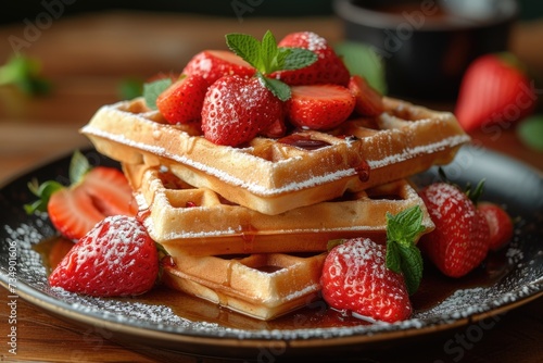 Belgian waffles topped with strawberries and dusted with powdered sugar on dark plate.