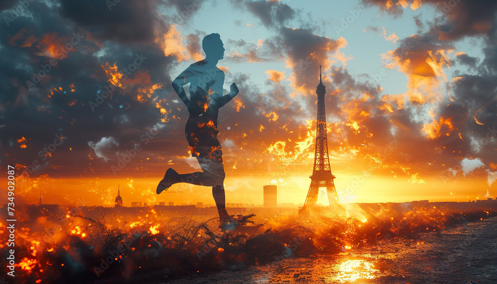 Silhouette of athlete on Parisian sunset. 
