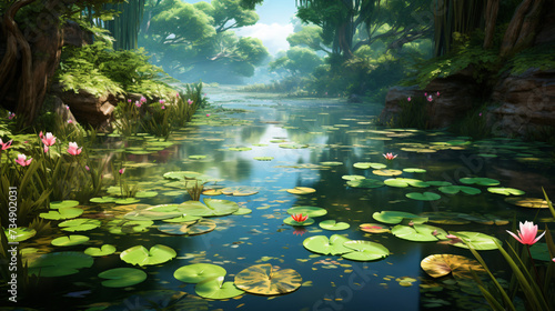 A pond filled with lots of water lilies 