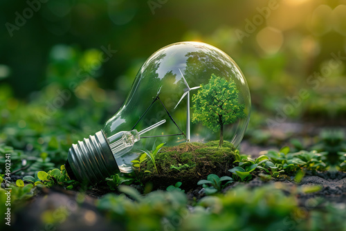 A clear light bulb lying on fertile soil, encasing a miniaturized landscape with a lush green tree and wind turbines. 