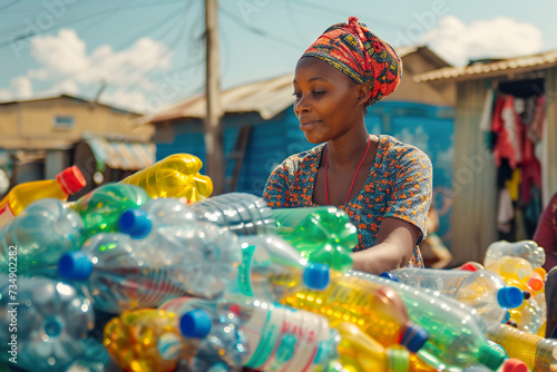 A young woman in a colorful traditional dress and headwrap sorting a pile of plastic bottles.  photo