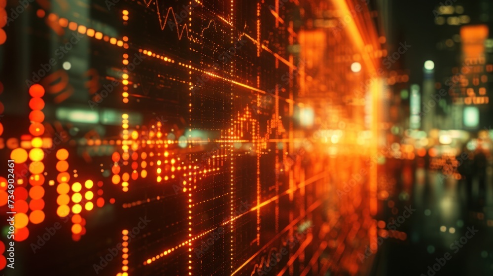 Close-up of a glowing stock market graph on a digital screen, symbols of global economics in the background