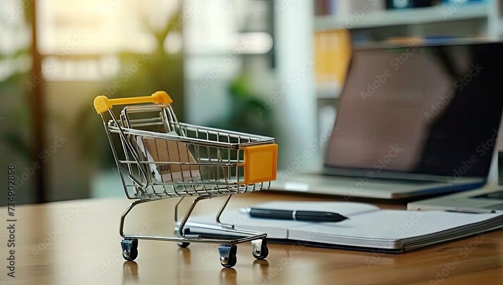 Small shopping cart filled with parcel boxes symbolizing ease and convenience of online shopping beside laptop on table within home represents connection between digital commerce and physical delivery Small shopping cart filled with parcel boxes symbolizing ease and convenience of online shopping beside laptop on table within home represents connection between digital commerce and physical delivery