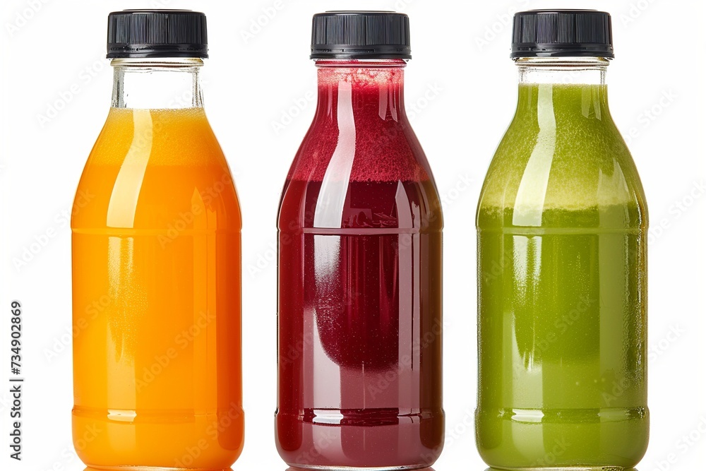 Discover the essence of freshness and variety with a trio of fruit juice bottles featuring sleek black caps, label-free to showcase the vibrant fruit blends inside, set against a crisp white backgroun Discover the essence of freshness and variety with a trio of fruit juice bottles featuring sleek black caps, label-free to showcase the vibrant fruit blends inside, set against a crisp white backgroun